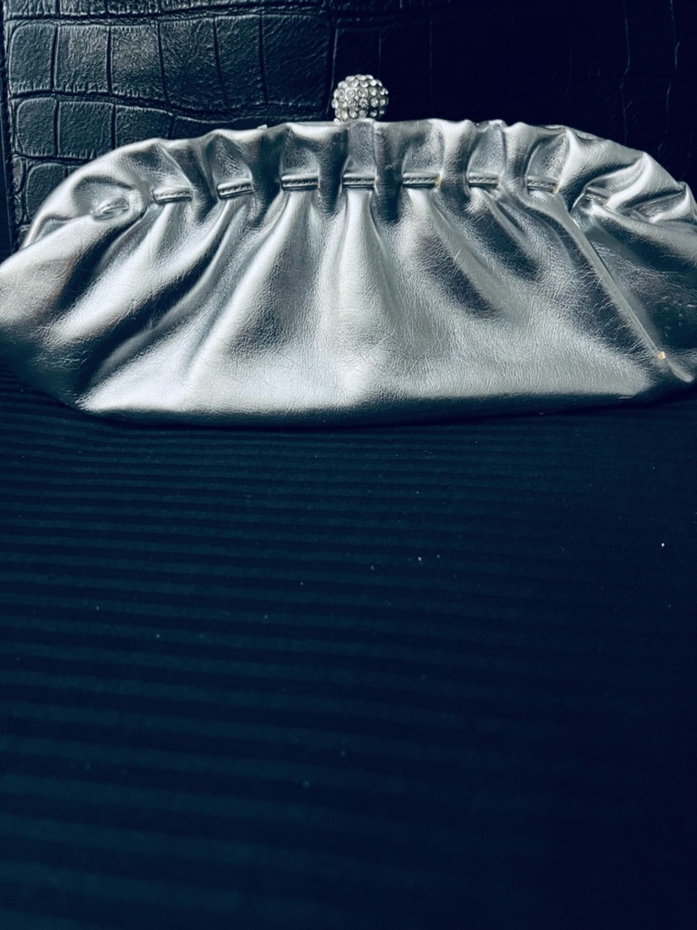 Shiny Silver Gathered Purse with Crystal Knob